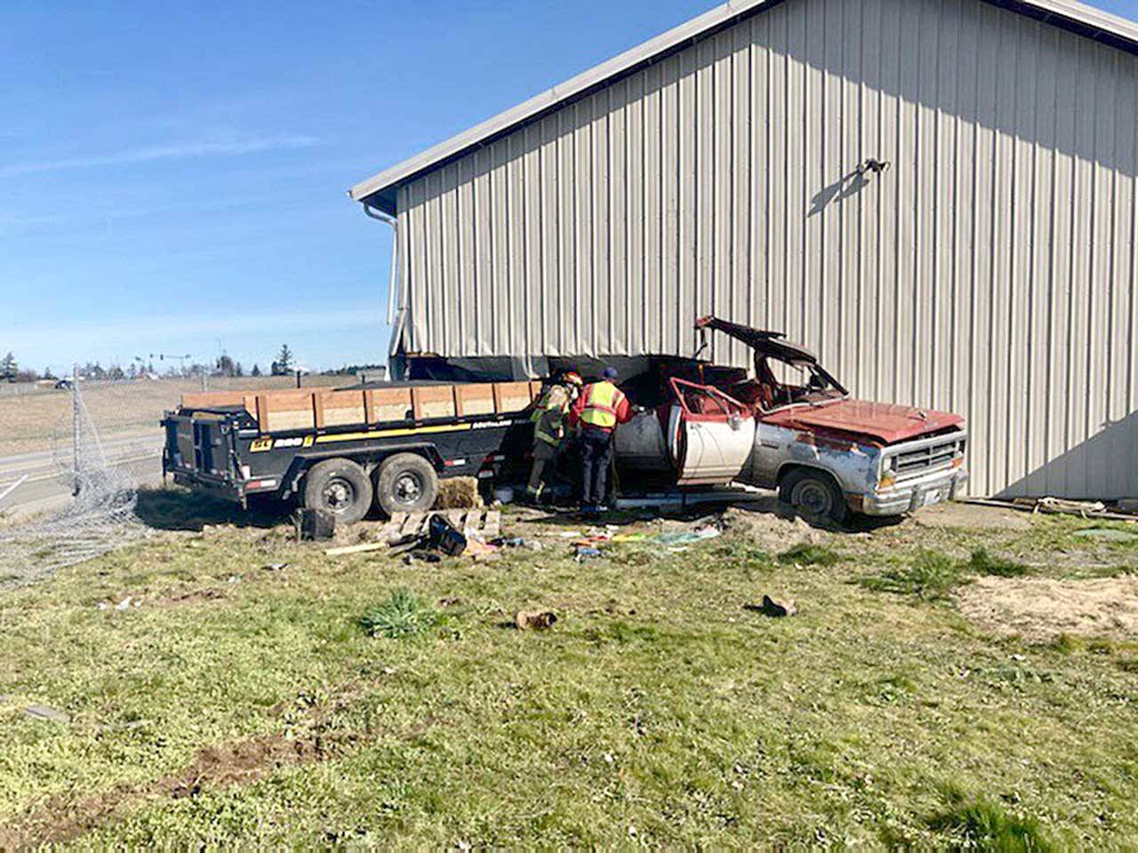 A Port Angeles man was transported to Olympic Medical Center with non-life-threatening injuries after his vehicle reportedly drifted off U.S. Highway 101 and into a building near River Road in Sequim last week. Photo courtesy of Washington State Patrol