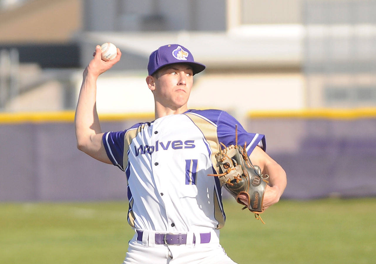 Sequim’s Conor Bear pitches against 3A foe Central Kitsap on March 29. Bear figures to help anchor a rotation that returns just a few innings from the Wolves’ 2019 squad. Sequim gazette photo by Michael Dashiell