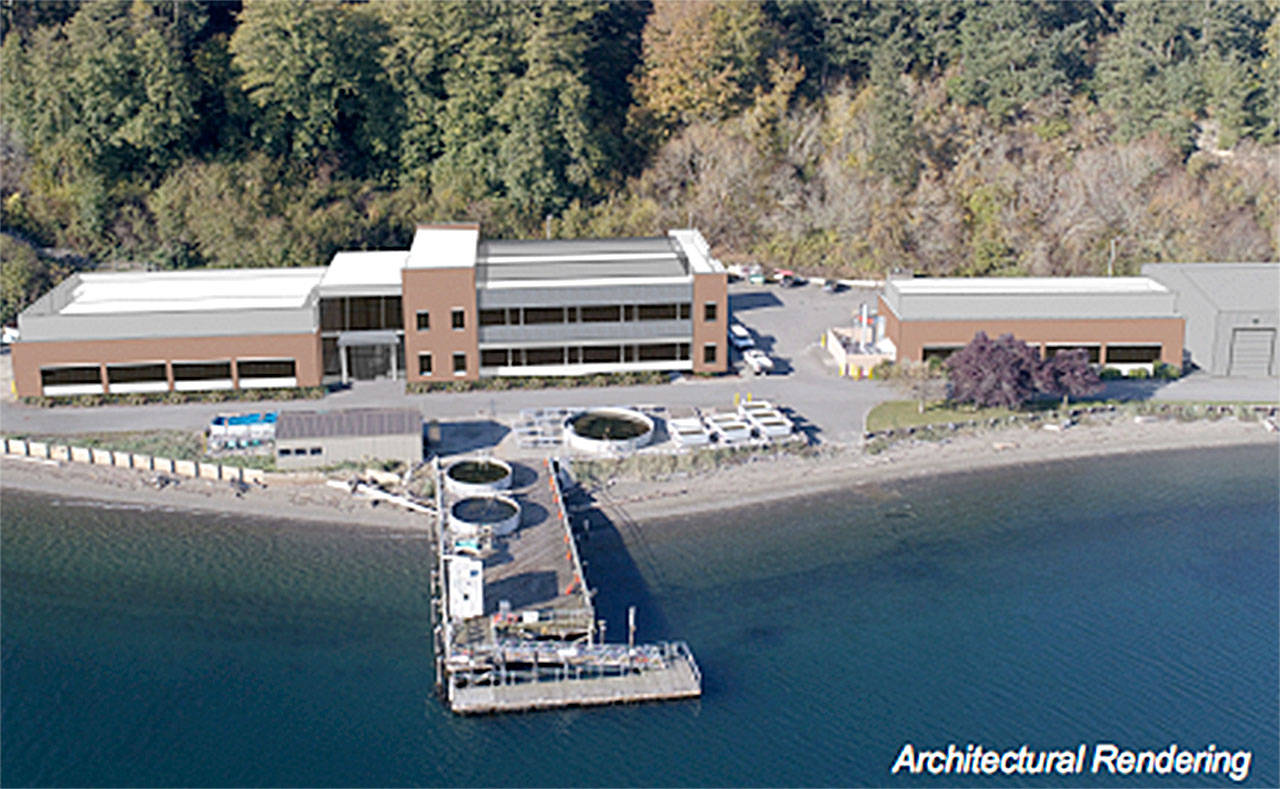 For the next few years, Pacific Northwest National Laboratory (PNNL) is investing about $2 million annually in the Marine and Coastal Research Laboratory in Sequim before larger plans to build more lab space in its shoreline and upper lab areas, as pictured above in a conceptual photo. Artwork courtesy of Pacific Northwest National Laboratories