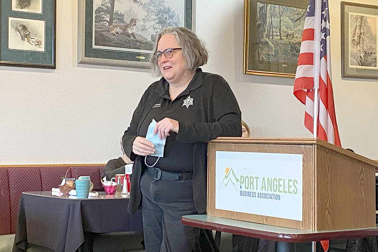 Anne Chastain, Clallam County emergency operations coordinator, discusses the county’s response to COVID-19 at the Port Angeles Business Association’s breakfast meeting. (Rob Ollikainen/Peninsula Daily News)