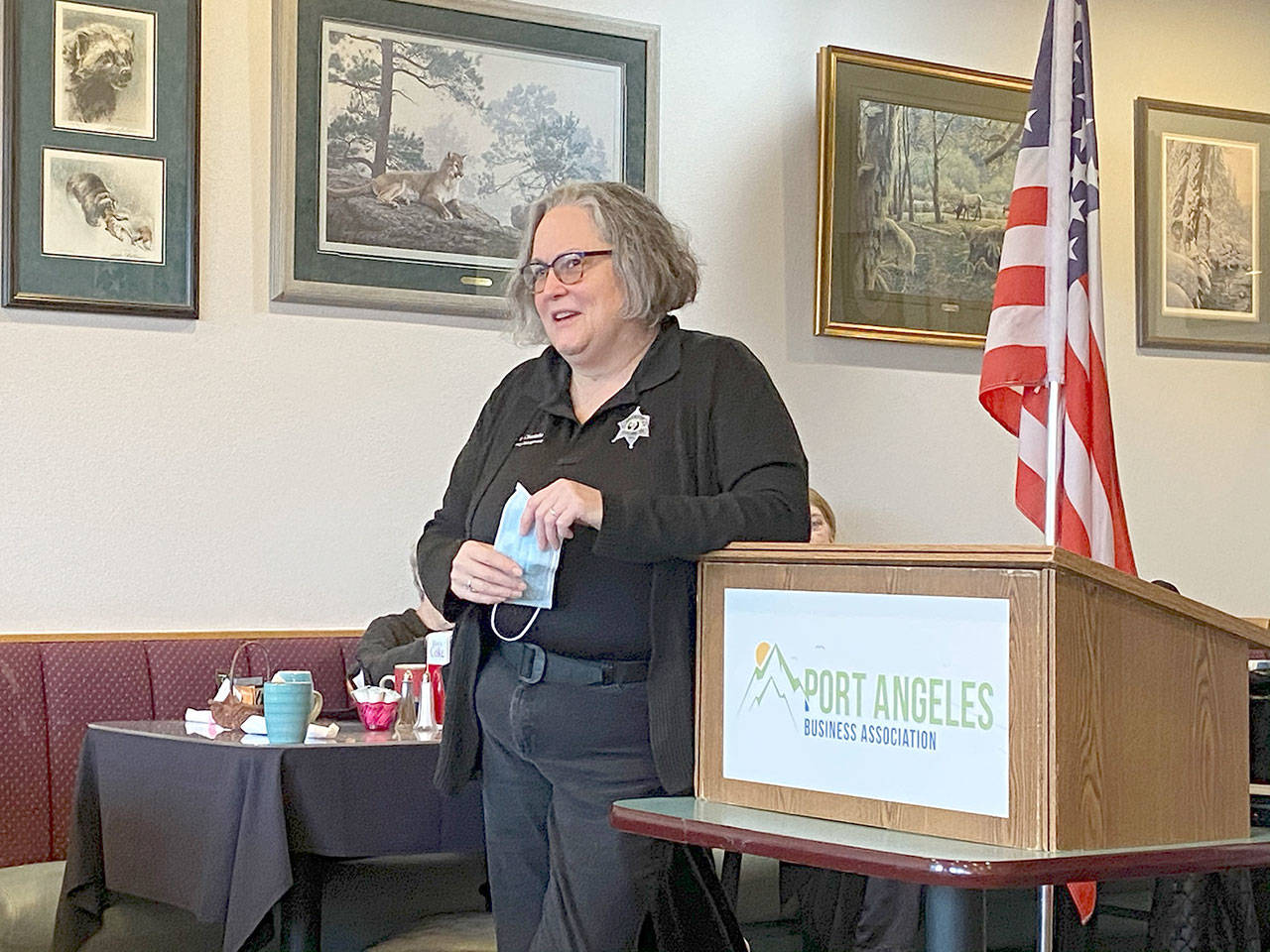 Anne Chastain, Clallam County emergency operations coordinator, discusses the county’s response to COVID-19 at the Port Angeles Business Association’s breakfast meeting. (Rob Ollikainen/Peninsula Daily News)