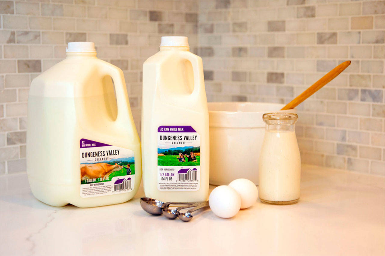 This week, Dungeness Valley Creamery offers new A2 raw milk, which owners say can be easier on people’s stomachs to digest. They’ve also added new labels, featuring the owners and their family, and Photo courtesy of Dungeness Valley Creamery