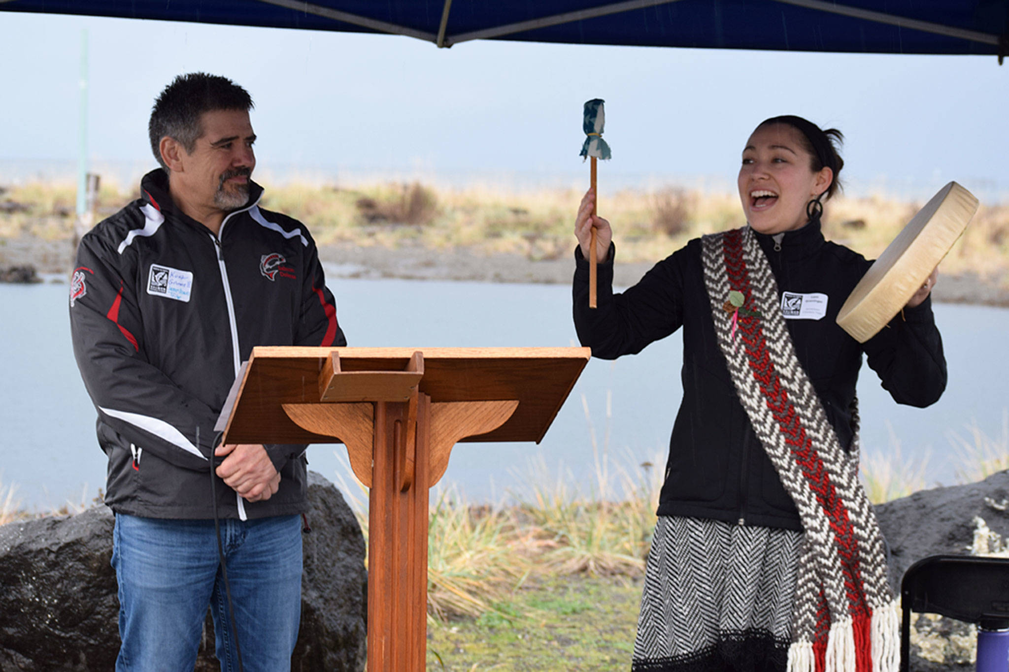 Jamestown S’Klallam Tribe citizens Kurt Grinnell and his daughter Loni Grinnell-Greninger in December 2018 open the North Olympic Salmon Coalition ribbon cutting ceremony at the 3 Crabs Nearshore and Estuarine Restoration Project with a special welcome. Kurt Grinnell died April 20 in a single-vehicle accident. Sequim Gazette file photo by Erin Hawkins