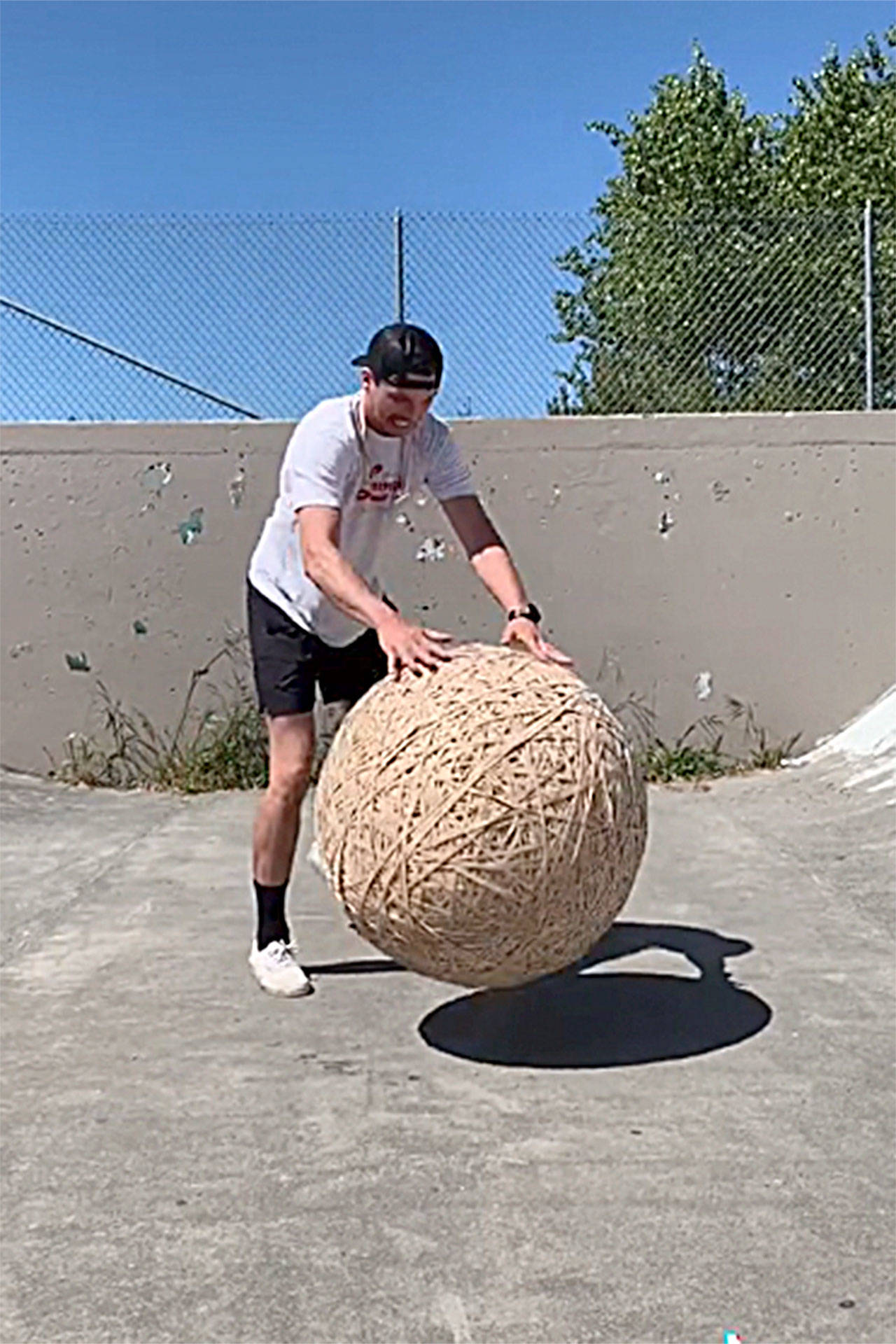Jayson Brocklesby, aka Rubber Band Ball Guy, has taken his giant ball across the peninsula for video-ops, including at the Sequim Skate Park. His goal is to make a 500 pound ball. Photo courtesy of Jayson Brocklesby