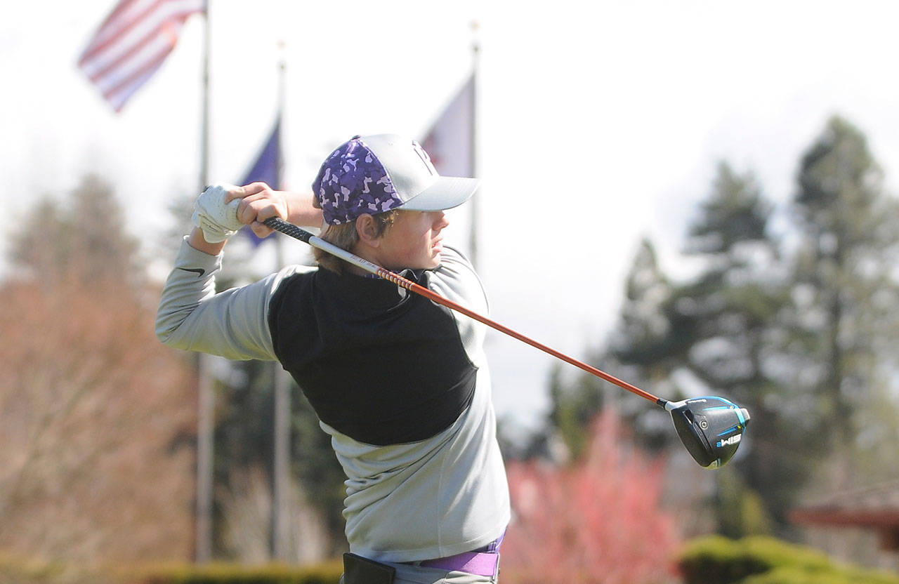 Sequim’s Ben Sweet, pictured here driving off the first tee at an April 8 league match, tied for second overall at the 2021 Olympic League Championship at The Cedars at Dungeness on April 27, helping the Wolves take the team title. Sequim Gazette file photo by Michael Dashiell