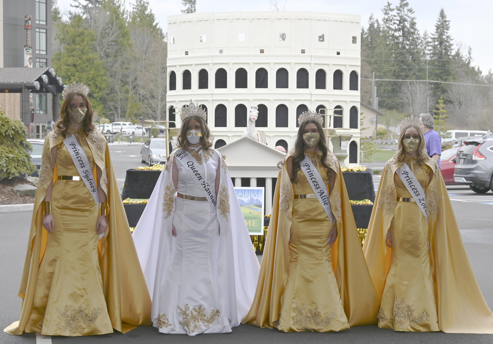 The Sequim Irrigation Festival’s royalty for 2021 (from left, princess Sydney VanProyen, queen Hannah Hampton, and princesses Allie Gale and Zoee Kuperus) will travel through Sequim on May 8 for the Grand Parade/Procession at 5 p.m. View it online or in-person, with the route to be revealed online at irrigationfestival.com on May 7. Sequim Gazette file photo by Michael Dashiell