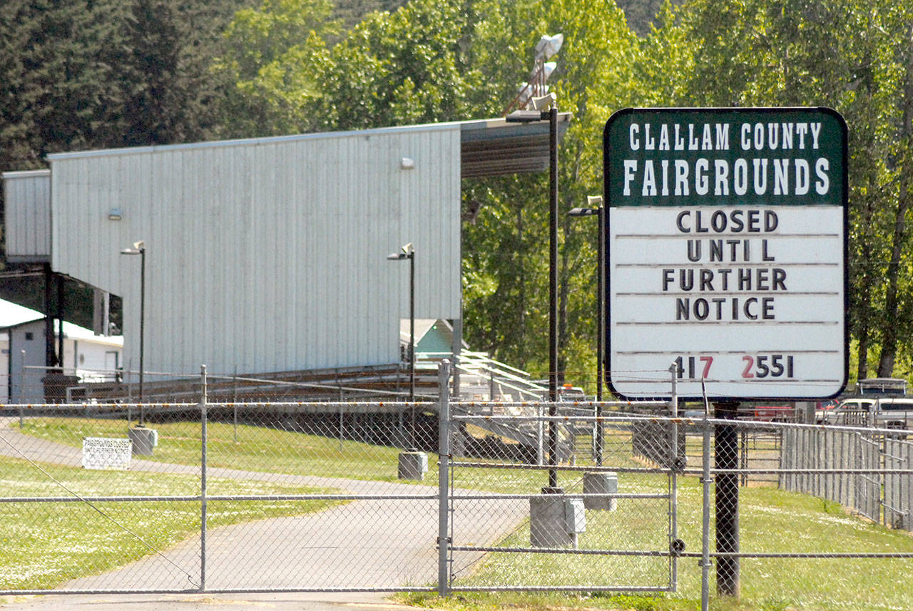 A sign at the west entrance informs of the indefinite closure of the Clallam County Fairgrounds in Port Angeles. Clallam County Fair officials have cancelled the annual fair for a second year. Photo by Keith Thorpe/Olympic Peninsula News Group
