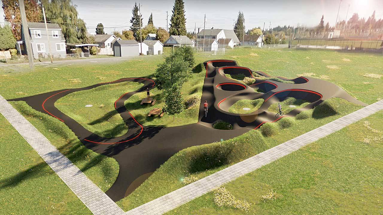 A conceptual drawing from American Ramp Company/Velosolutions shows the BMX pump track planned for Erickson Playfield in Port Angeles. Organizers hope to open the track in October.