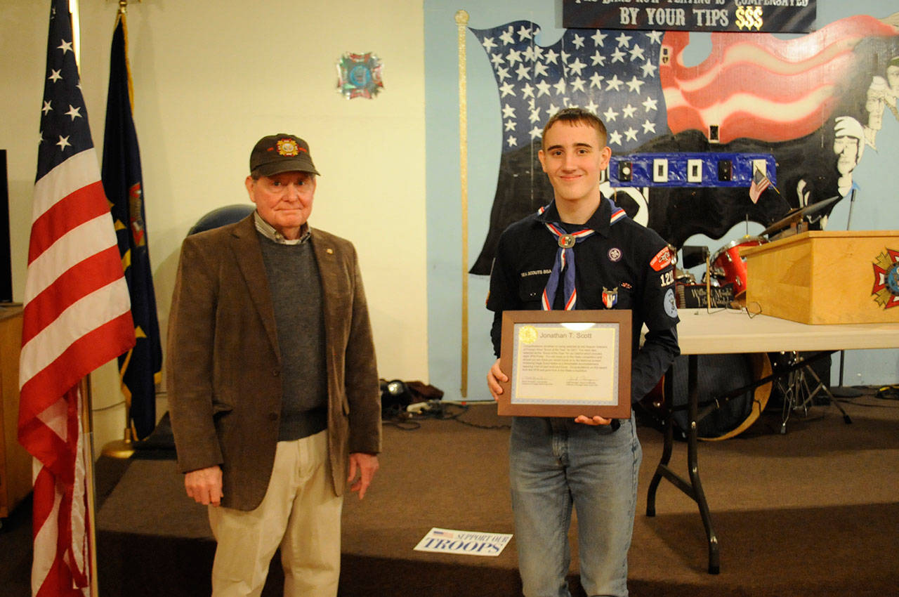In April, Jonathan Scott of Port Angeles received Sequim VFW Post 4760’s Scout of the Year award from Jack Flanagan. Scott also won the District 14 VFW, and now the Washington State award. His application will compete in the national contest to become the U.S.’s VFW Scout of the Year. Sequim Gazette file photo by Matthew Nash