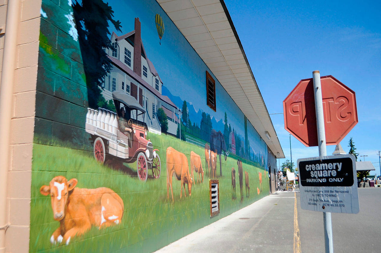 A new mural on the east side of A Stitch in Time Quilt Shoppe depicts some of the dairy farm history of Sequim/Dungeness. It took about 12 days to complete by muralist Andy Eccleshall. Sequim Gazette photo by Matthew Nash