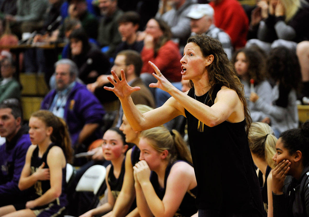 Linsay Rapelje directs her team in a match-up with Port Angeles in February 2020. Sequim Gazette file photo by Michael Dashiell