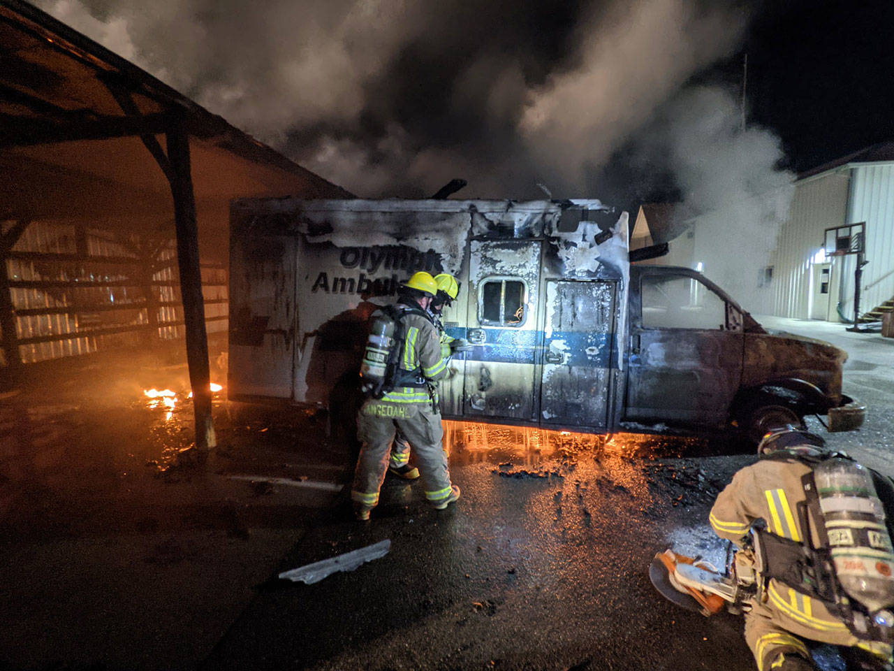 Firefighters respond to an early-morning fire at Olympic Ambulance on July 13. Photo courtesy of Clallam County Fire District 3