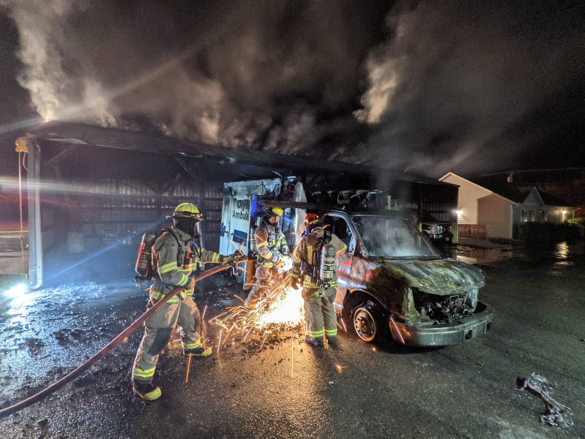 Firefighters respond to an early-morning fire at Olympic Ambulance on July 13. Photo courtesy of Clallam County Fire District 3