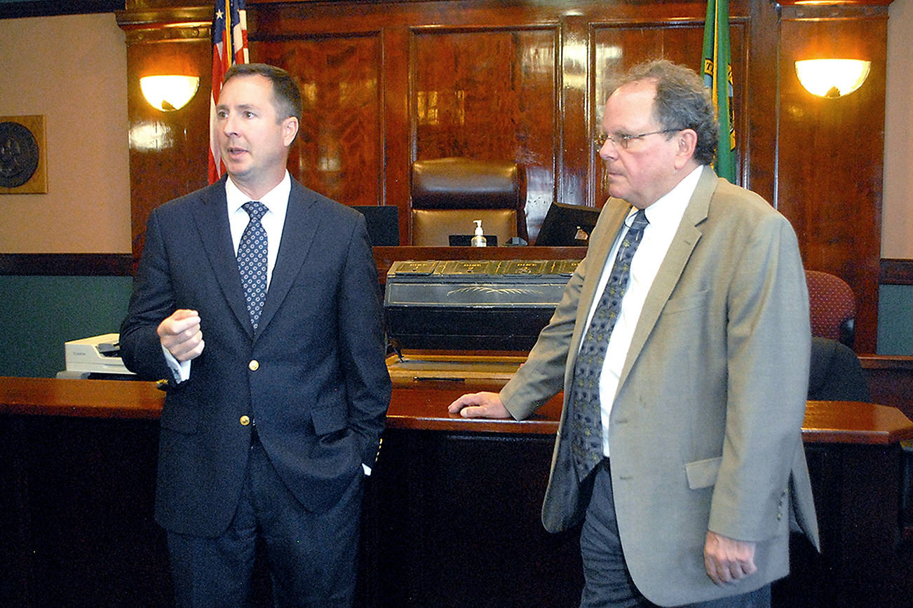 Clallam County Prosecuting Attorney Bill Nichols, left, talks about a proposed mental health court program accompanied by District Court Judge Dave Neupert on July 13 at the Clallam County Courthouse in Port Angeles. Photo by Keith Thorpe/Olympic Peninsula News Group