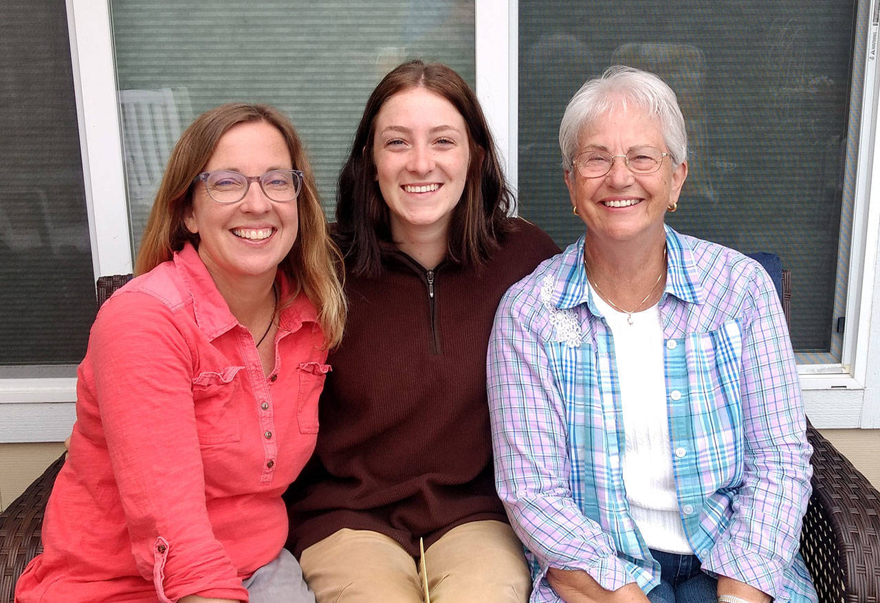 Sequim High School 2021 grad Abby Schroeder, center, pictured with mom Wendy Schroeder and grandmother Jan Smith, recently received funds from Chapter EP P.E.O. for her college expenses. Submitted photo