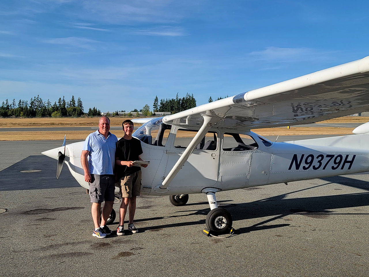 Cadet Kade Kirsch, pictured here with his father Matt Kirsch, completed his first powered solo flight on Aug. 10. Submitted photos
