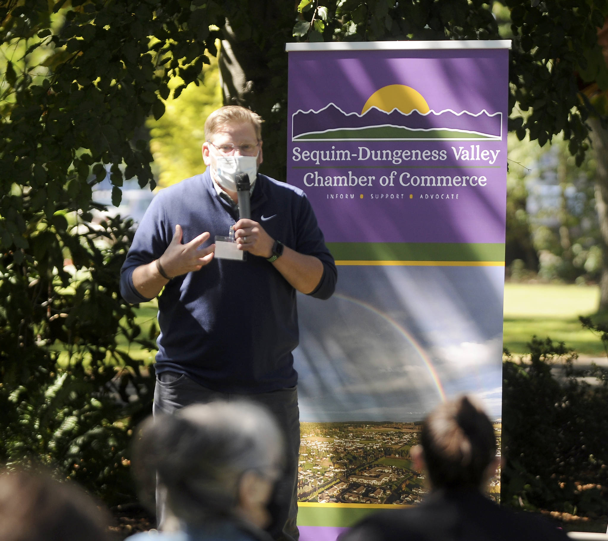 State Rep. Mike Chapman speaks at the Sequim-Dungeness Valley Chamber of Commerce’s annual picnic and Citizen of the Year presentation on Aug. 24, where the chamber honored essential workers with its 2020 award. Sequim Gazette photo by Michael Dashiell
State Rep. Mike Chapman speaks at the Sequim-Dungeness Valley Chamber of Commerce’s annual picnic and Citizen of the Year presentation on Aug. 24, where the chamber honored essential workers with its 2020 award. Sequim Gazette photo by Michael Dashiell
