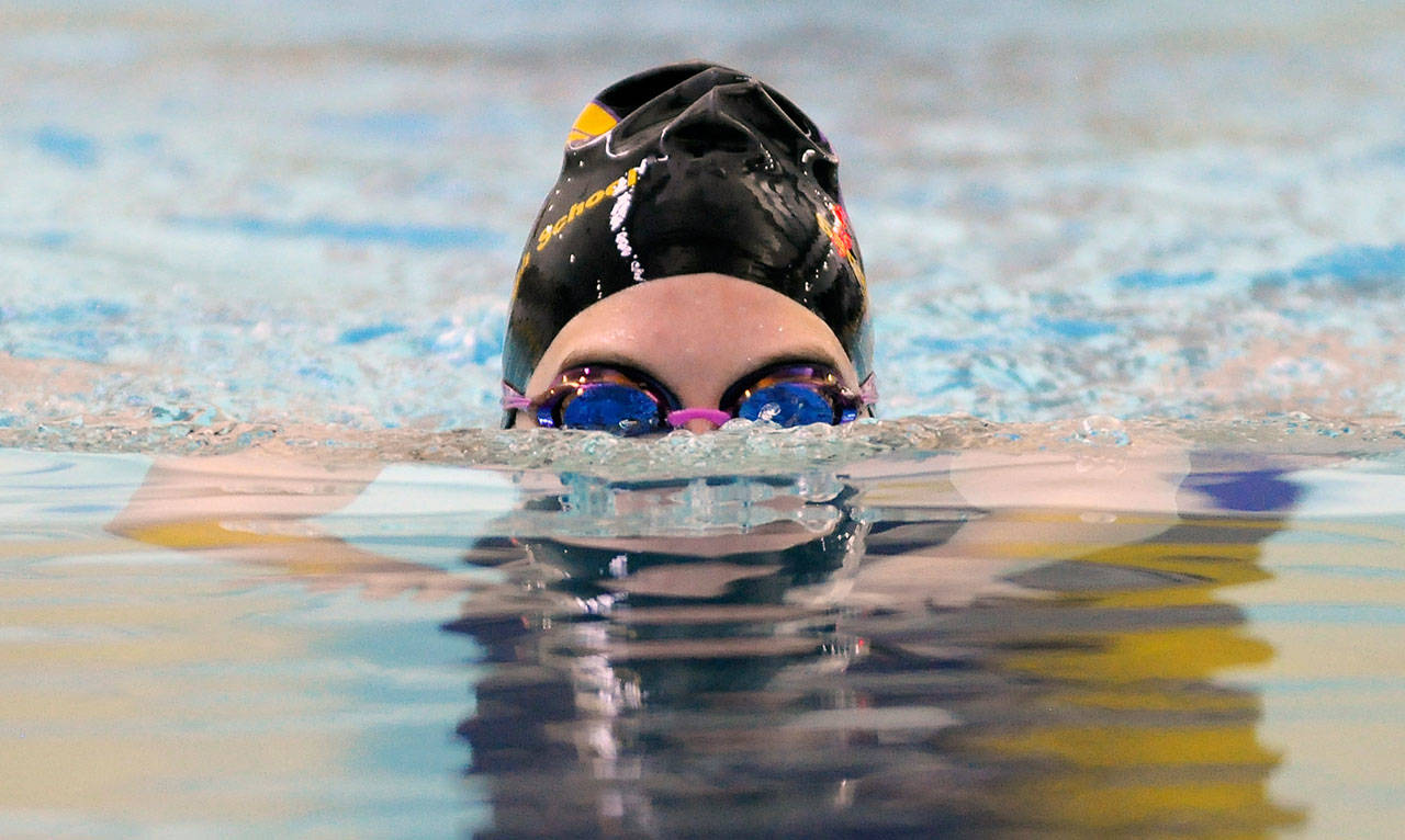 Sequim’s Hi’iIei Robinson “competes” in the 200 individual medley in the Wolves’ final time trial of the 2020-21 season on March 5 at YMCA of Sequim. The Wolves are back to head-to-head meets this September. Sequim Gazette file photo by Michael Dashiell