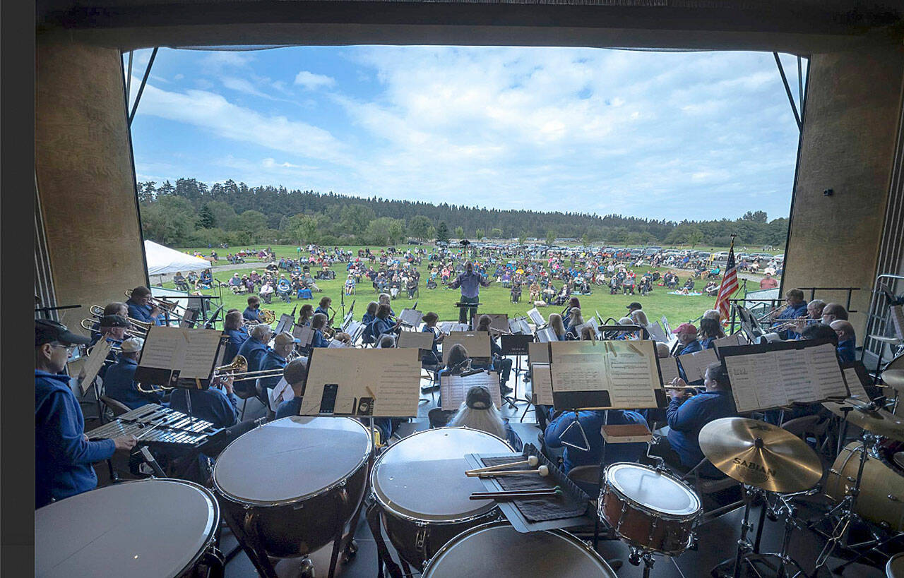 A view from the percussion section of the Sequim City Band, with director Tyler Benedict during the Aug. 22, 2021 concert. Not visible in this photo are the tuba and percussion sections. Photo by Jesse Major/Jesse Major Photography