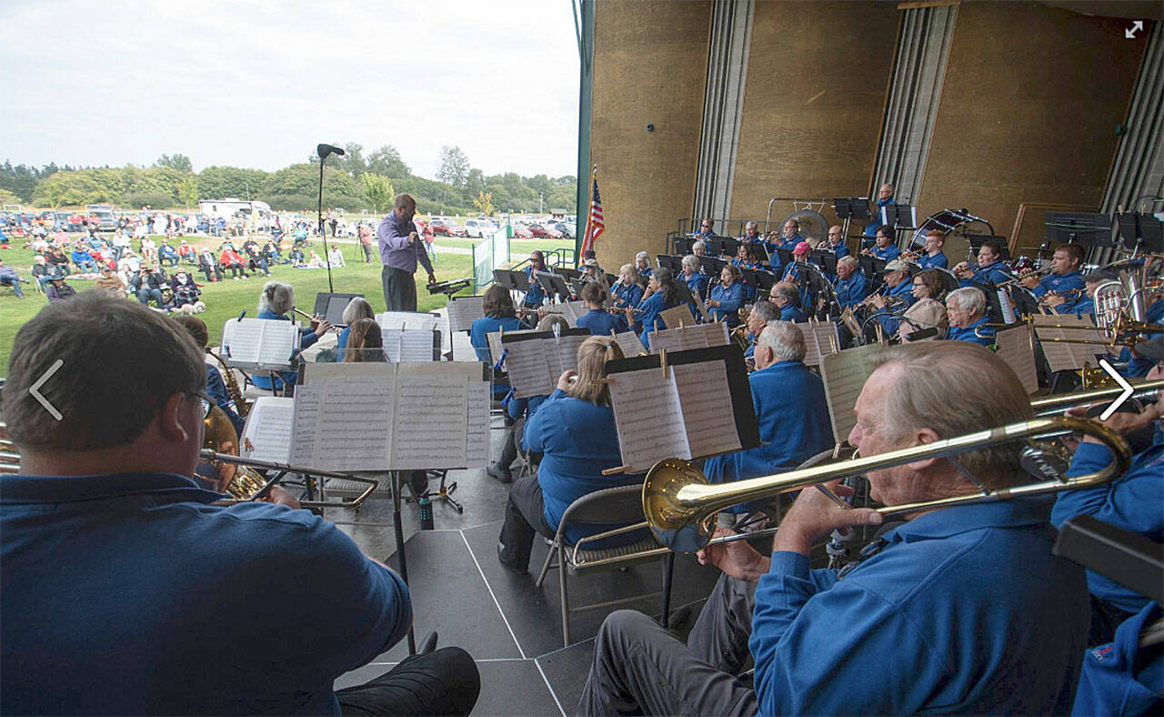 A view from the tuba section of the Sequim City Band, with director Tyler Benedict during the Aug. 22, 2021 concert. Not visible in this photo are the tuba and percussion sections. Photo by Jesse Major/Jesse Major Photography