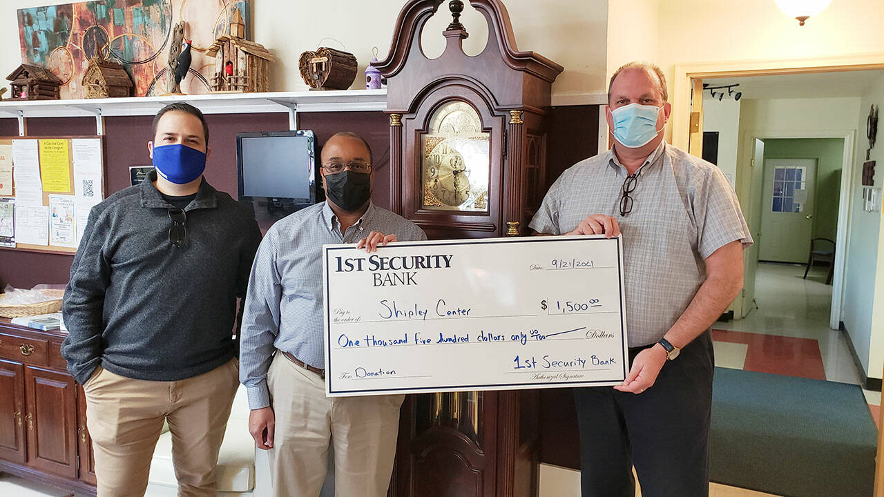 Pictured, from left, are: Anthony Aceto, Branch and Sales Manager at 1st Security Bank in Sequim; Darrell Jenkins, Community and Business Banking Officer at 1st Security Bank, and Shipley Center executive director Michael Smith.