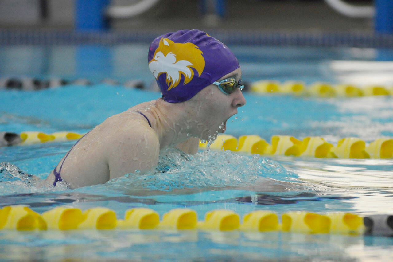 Julia Jeffers competes in the 200 individual medley as the Wolves take on Port Angeles on Oct. 7. Jeffers placed fourth in 3:13.50. Sequim Gazette photo by Michael Dashiell