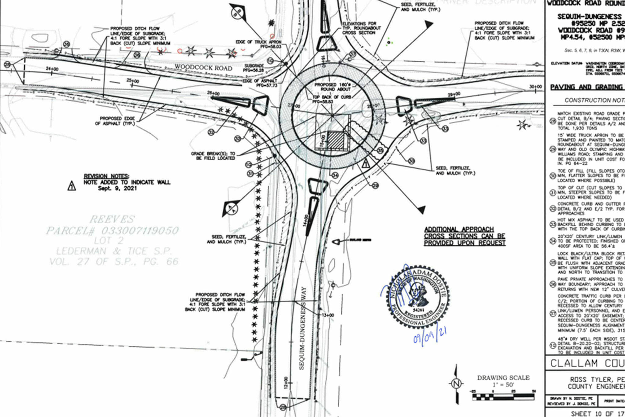 The Sequim-Dungeness Way and Woodcock Road roundabout will be about 160 feet in diameter. Graphic courtesy of Clallam County