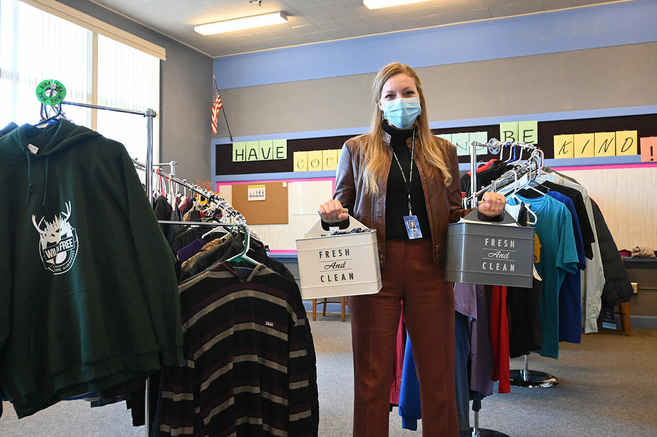 Merrin Packer, Equity and Family Engagement Coordinator for the Sequim School District, displays some of the items available for students at the district Care Closet last week. Sequim Gazette photo by Michael Dashiell
