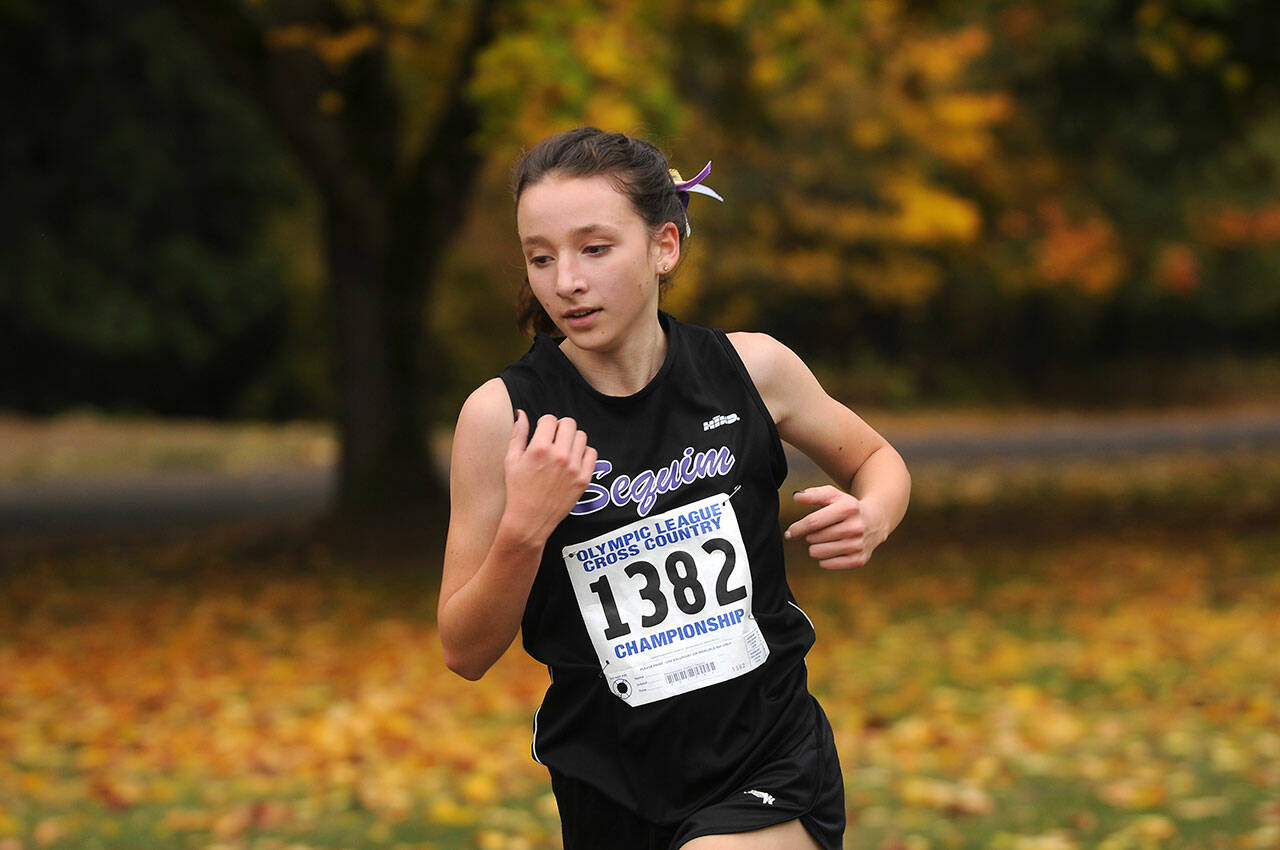 Sequim sophomore Kaitlin Bloomenrader races to a seventh place finish at the Olympic League championships on Oct. 21.