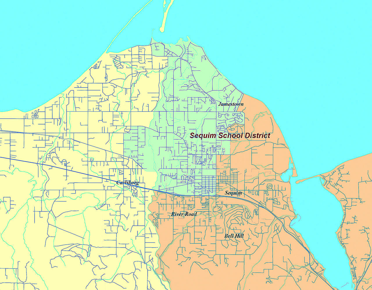 A map of current Sequim School District director boundaries shows District 1 to the west (left) in yellow, District 2 to the north (green) and District 3 to the south and east (orange). Population growth in the district since 2010, as noted in the 2020 Census, means District 3 will likely shrink slightly while the other two Districts will grow. Map courtesy of Sequim School District