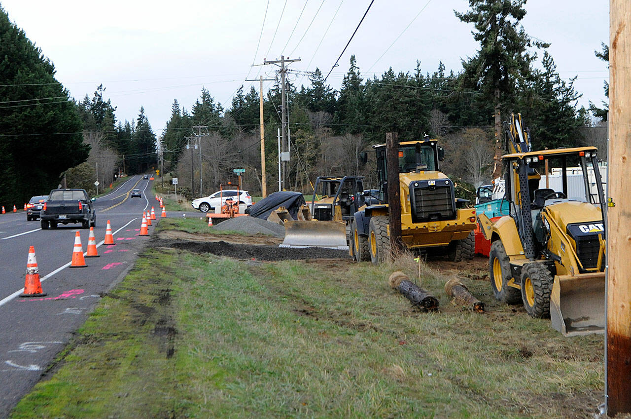As construction progresses on the installation of a roundabout at the Woodcock Road and Sequim-Dungeness Way intersection, traffic is anticipated to alternate from one side to the other through mid-April with minimal delays, if any, Clallam County roads staff said. Sequim Gazette photo by Matthew Nash