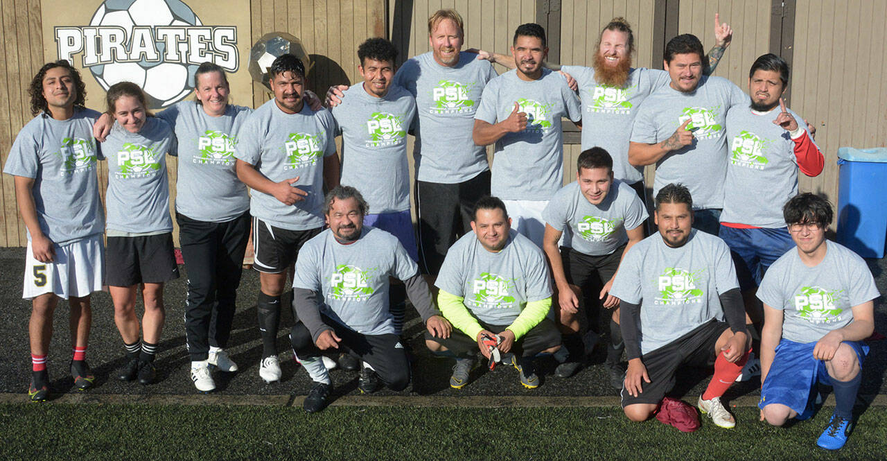 Team members from Salazar Painting celebrate a 2021 Peninsula Soccer League title on Nov. 7. Submitted photo