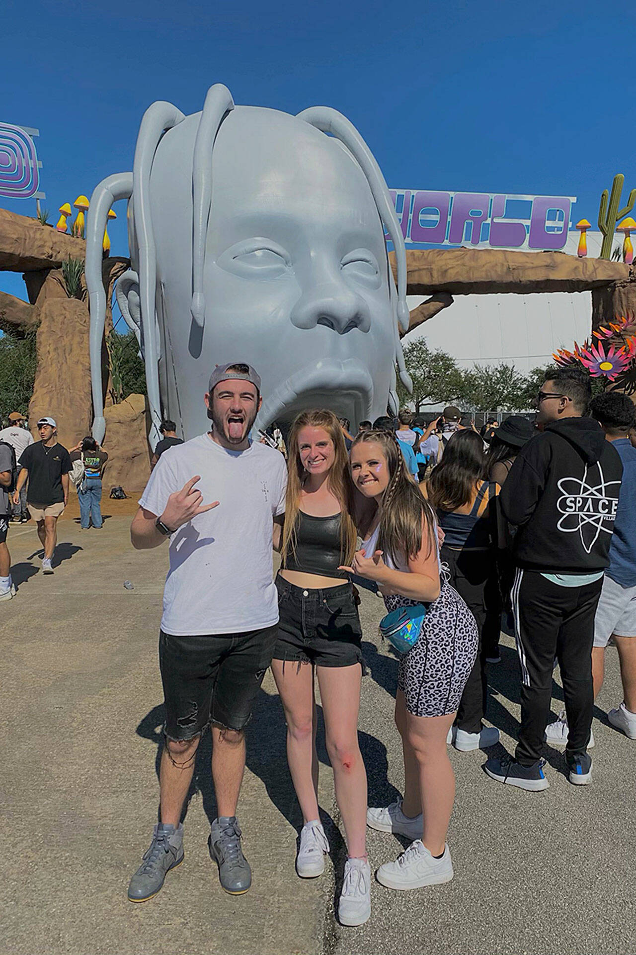 Sequim friends Cody Bell, Sam Smith and Natalie Thurston pose for a photo on the first day of Astroworld in Houston, Texas on Nov. 12. The trio would see multiple people be injured during the festival, which has 10 confirmed deaths as of Nov. 16. Photo courtesy of Sam Smith