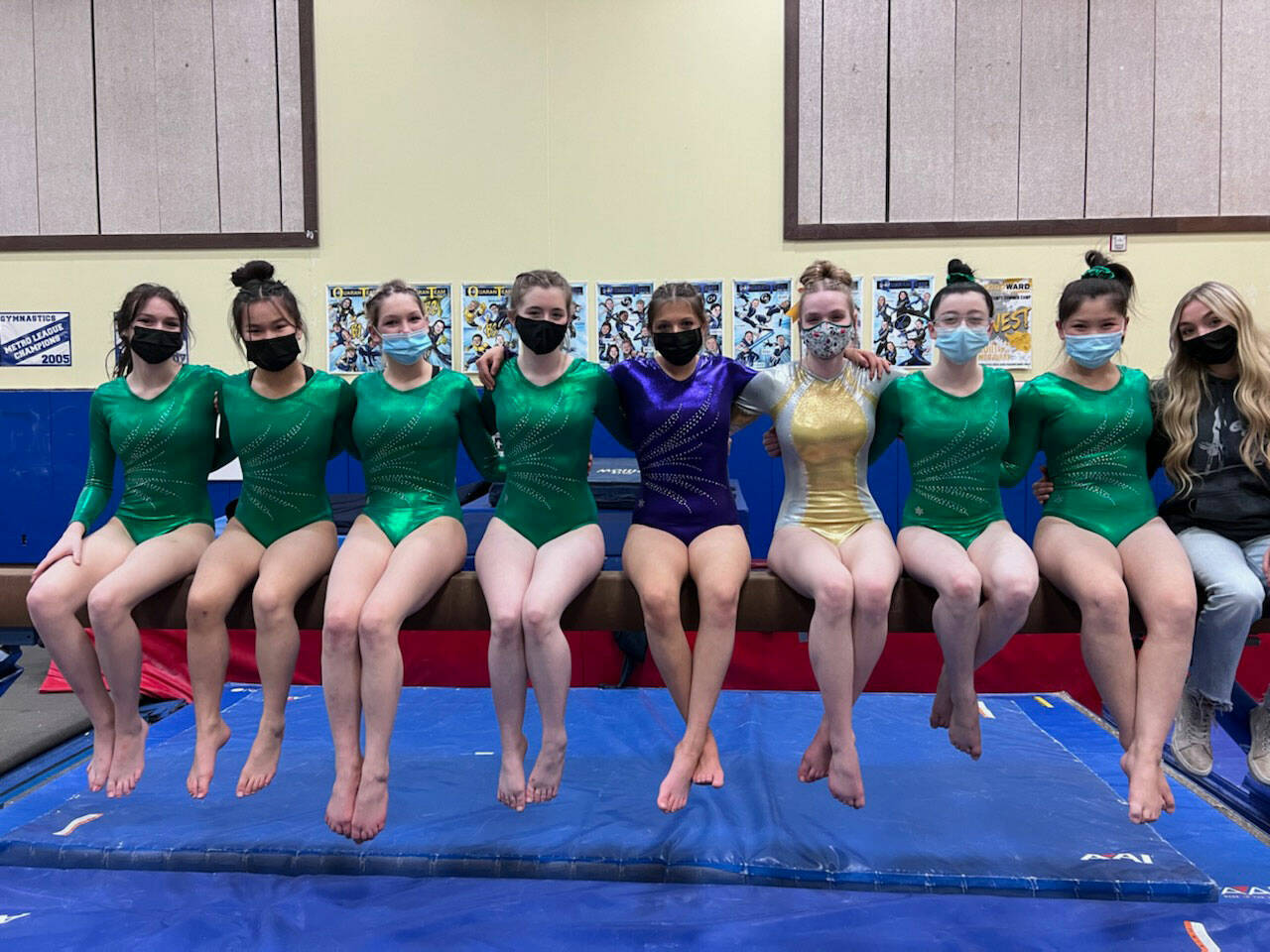 The combined Sequim-Port Angeles-Crescent gymnastics team for 2021-2022 includes, from left, Maddie Adams, Lum Fu, Kathryn Jones and Faith Carr, of Port Angeles, Sequim’s Ellie Turner, Crescent’s Aubrie Scott, Port Angeles’ Jessamyn Schindler and Mei-Ying Harper-Smith, and Sequim’s Susannah Sharp. Not pictured are Sequim’s Amara Brown, Kori Miller, Danica Pierson and Alex Schmadeke, and Port Angeles’ Alezandra Fitzsimmons. Submitted photo