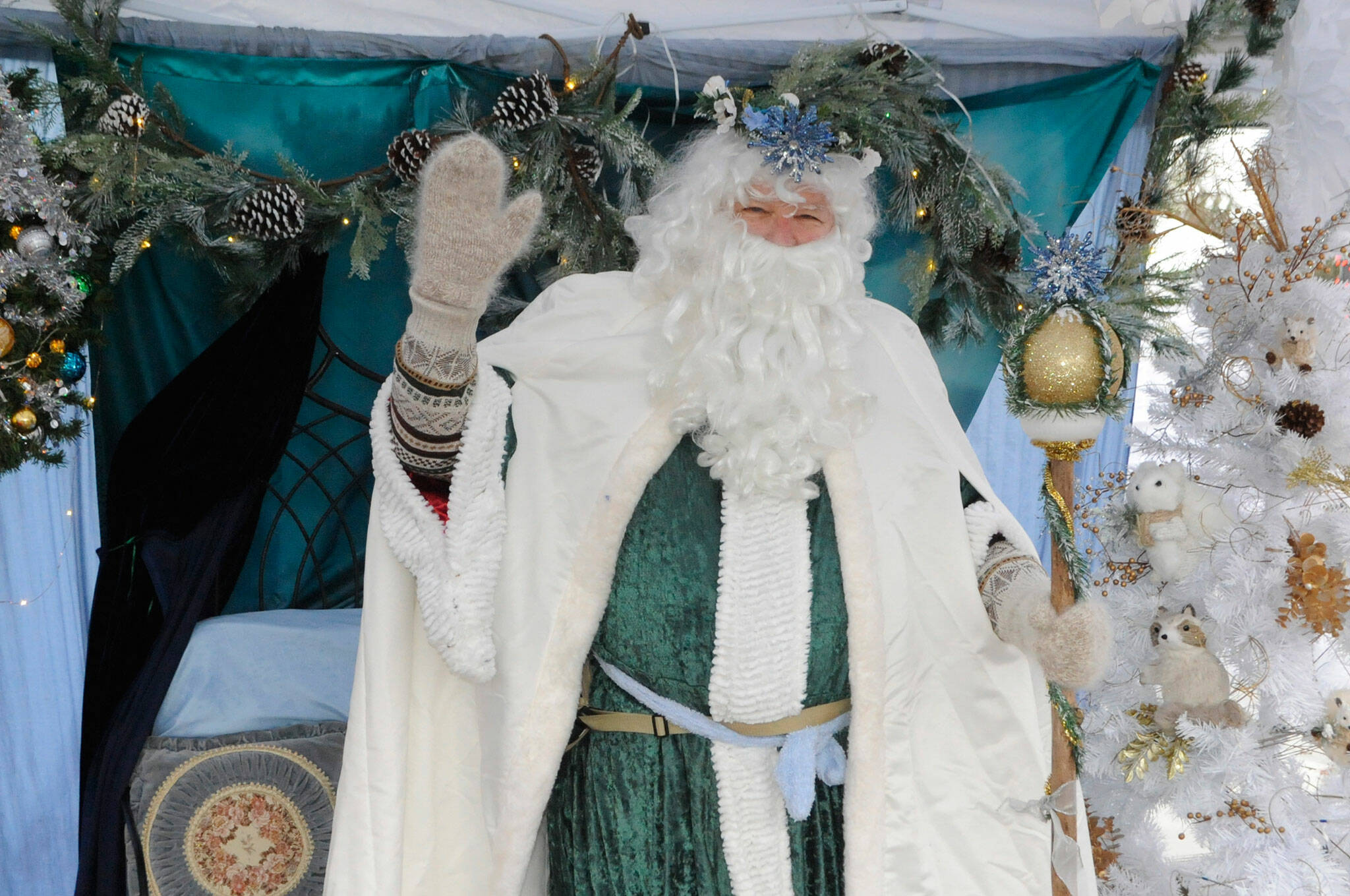 For the Sequim Farmers and Artisans December market on Dec. 18, Rich Hendricksen appeared as Old Man Winter with Olympic Theatre Arts. He first appeared as Santa Claus in 1998. Sequim Gazette photo by Matthew Nash