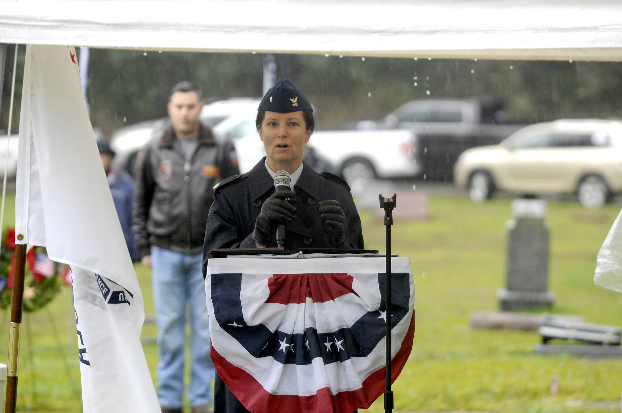 Commander Joan Snaith, USCG Air Station/Sector Field Office Port Angeles, offers her thoughts as the guest speaker at the Dec. 18 Wreaths Across America event at Sequim View Cemetery on Dec. 18. Sequim Gazette photo by Michael Dashiell
