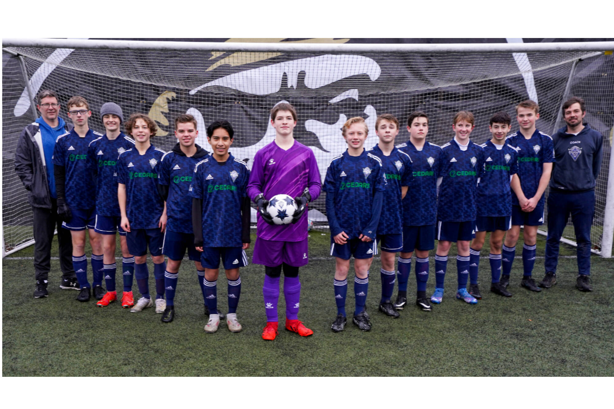 Photo courtesy of Michael Miller
The Storm King U15 Crusaders finished as the runner-up in the North Puget Sound League U15 North Division, going up against elite soccer teams from the Seattle area. From left are, assistant coach Michael LaGrange, right defensive back Caleb LaGrange, left centerback Grant Butterworth, right midfield/striker Maxon Stanford, midfield Kasson Pittman, defensive midfield Edmund Garcia, goalie Anthony Jones, striker Matthew Miller, center midfield James Mason, midfielder Raef Beard, right midfield Jake Weaver, left outside back Bryce Deleon and right centerback Jacob Olsen. Not pictured is midfielders Finnian Evans and Guillermo Salgado, and head coach Michael Miller.