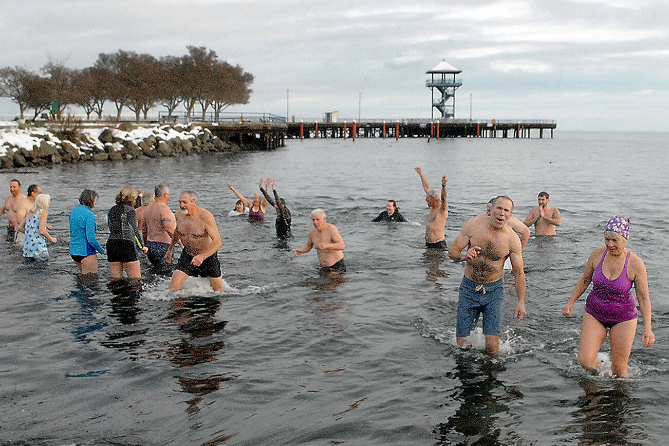 Keith Thorpe/Peninsula Daily News
Polar bear dippers wade in and out of the chilly water at Hollywood Beach in Port Angeles during Saturday's annual New Year's Day plunge.  Dozens of people braved sub-freezing air temperatures to ltake part in the ritual that also was undertaken by others on the North Olympic Peninsula at Lake Pleasant and Nordland.