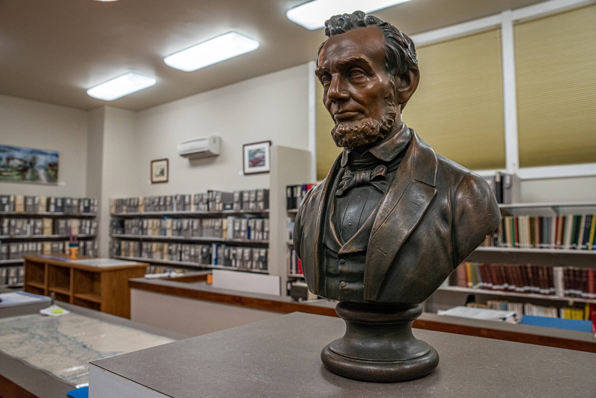 The bust of Lincoln from the former Lincoln School was relocated to the North Olympic History Center’s Research Library.