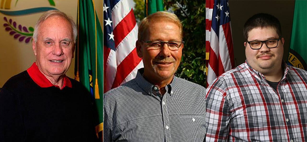 From left, new Sequim mayor Tom Ferrell, former Sequim mayor William Armacost and new deputy mayor Brandon Janisse. Submitted photos