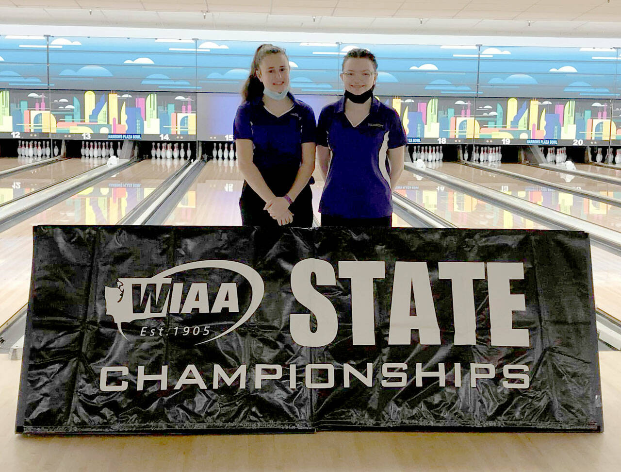 Sequim's Nikoline Updike, left, and Madison McKeown finish their prep bowling season at University Place last week. McKeown placed 14th and Updike was 41st. Photo courtesy of Randy Perry