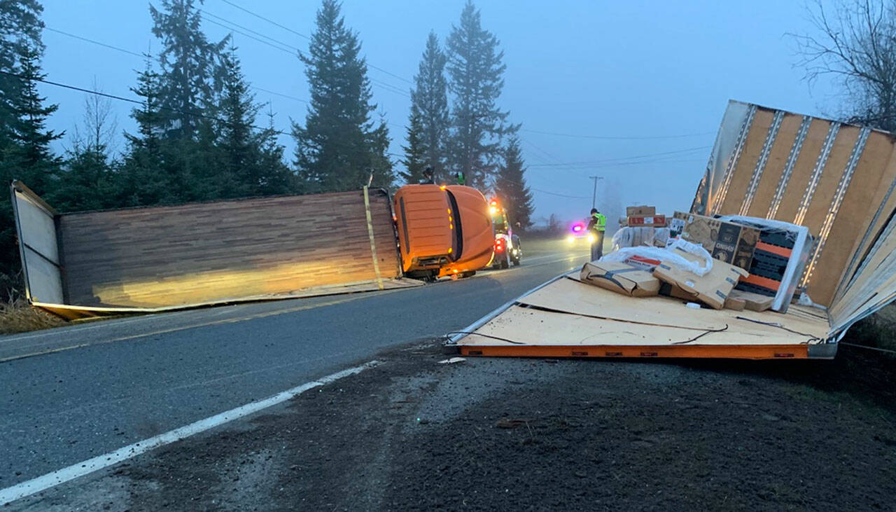 Photo courtesy of Washington State Patrol
A semi truck driver was transported to Olympic Medical Center with minor injuries Feb. 6 after his truck rolled east of Sequim.