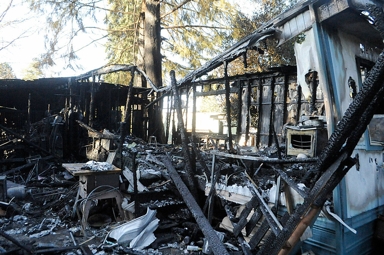 Sequim Gazette photo by Matthew Nash
Witnesses report a fire in Dungeness Meadows consumed this mobile home in a matter of minutes on Feb. 21.