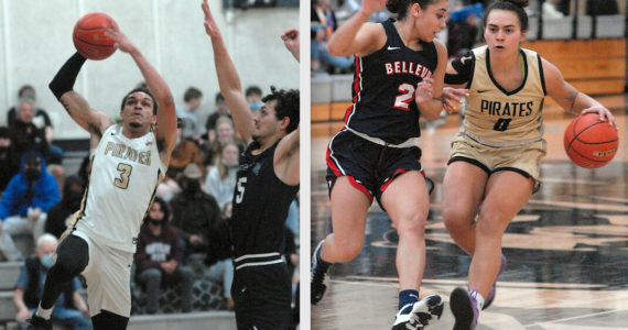 Jaylin Reed, left and Keeli-Jade Smith of the Peninsula College basketball teams in action Saturday. (Keith Thorpe, Peninsula Daily News)