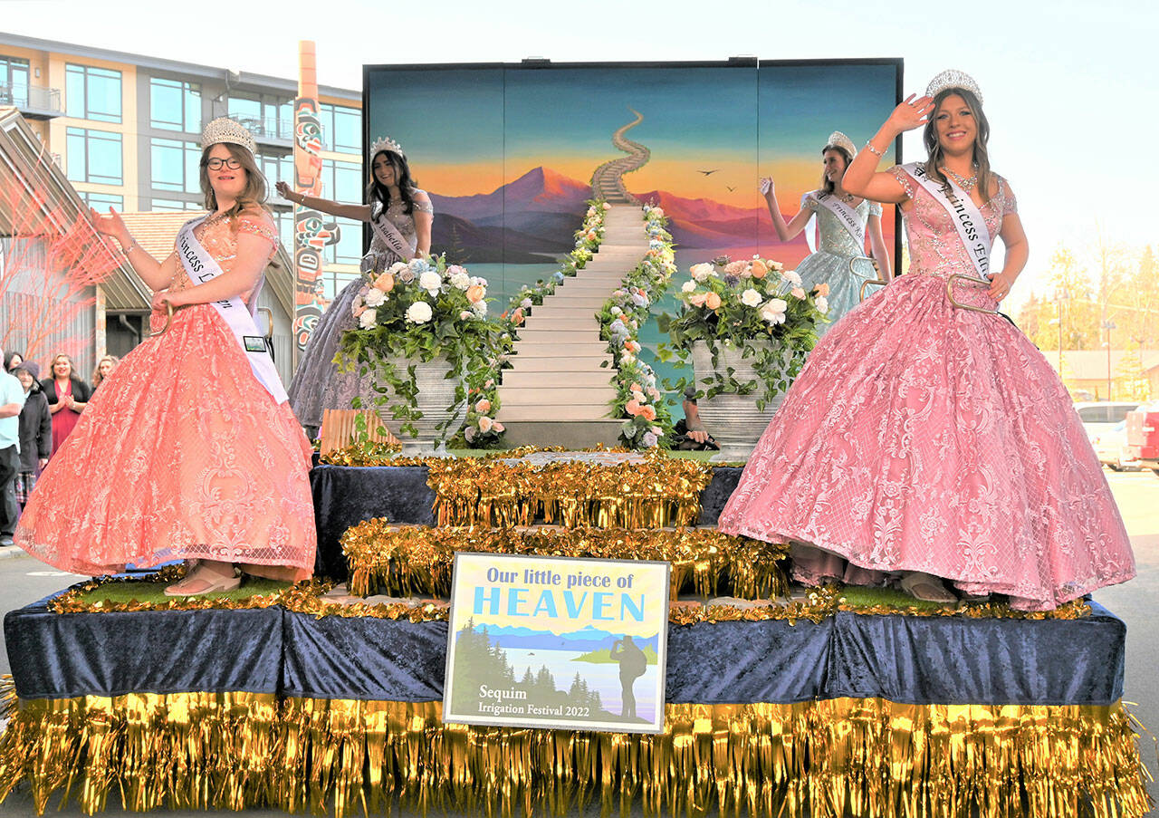 The 2022 Sequim Irrigation Festival royalty court for the first time board the festival float, at the Kickoff Dinner & Auction at 7 Cedars Resort in Blyn on March 19. Pictured, from left, are princesses Lauren Willis and Ellie Turner, queen Isabella Williams and Katherine Gould. Sequim Gazette photo by Michael Dashiell