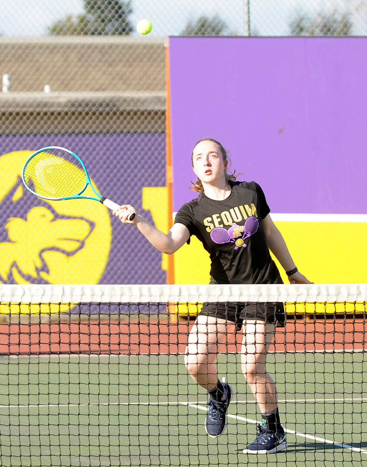Sequim’s Malory Morey and doubles teammate Jordan Hegtvedt sweep North Mason’s Emma Hunt and Ava Oldright 6-0, 6-1, on March 22.