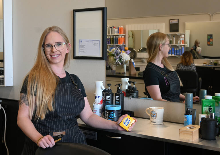 Sequim Gazette photo by Michael Dashiell
Nikhita Rogers, owner/operator of Fades and Shaves Barbering, operates her third-generation barbering business inside Sunnyside Salon at Rock Plaza in Sequim. The Juicyfruit gum? A tradition handed down to please Rogers’ younger clients.