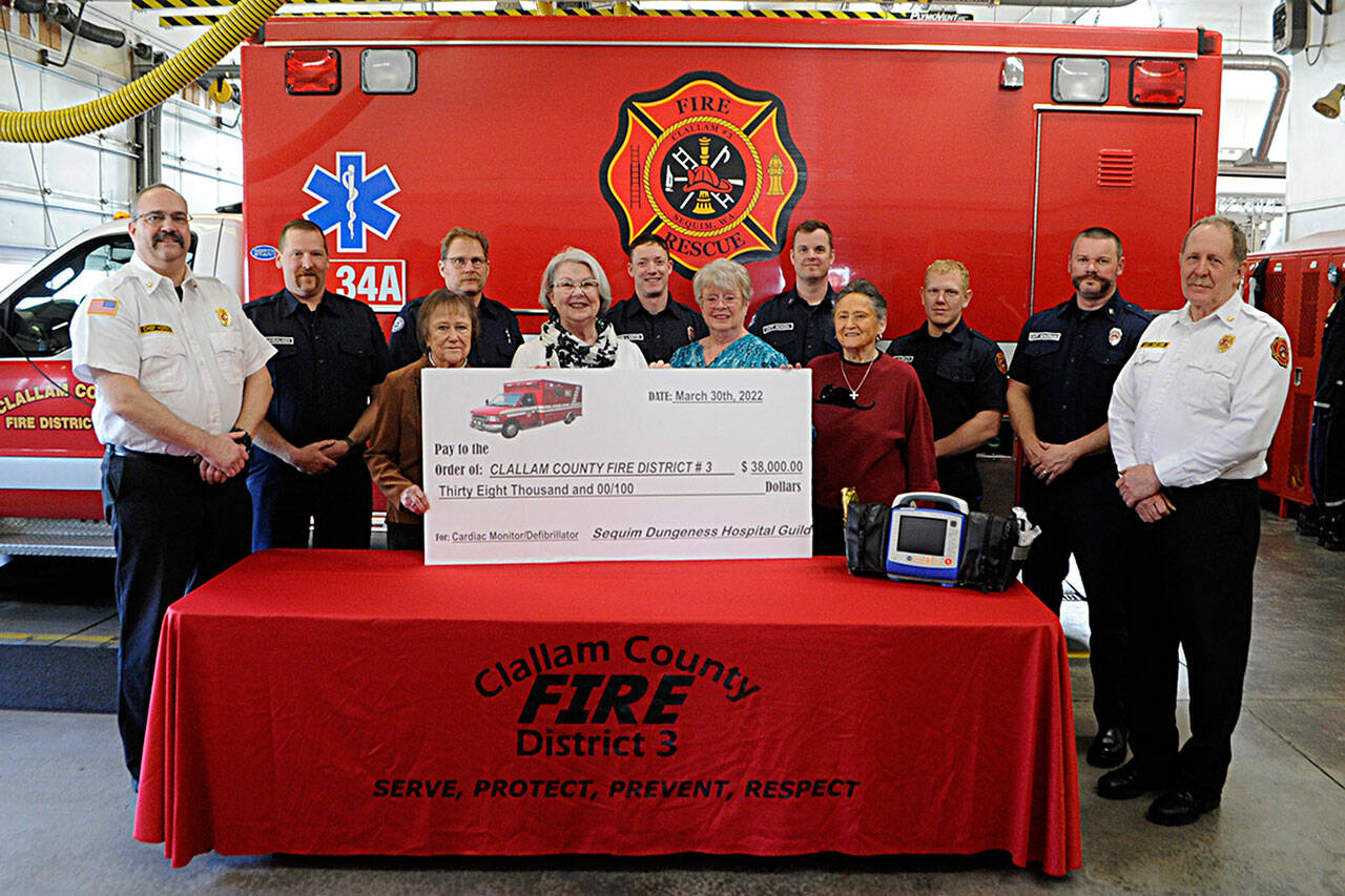 Sequim Gazette photo by Matthew Nash
A donation of $38,000 from the Sequim-Dungeness Hospital Guild to Clallam County Fire District 3 on March 31 helps purchase a new ZOLL X Series monitor/defibrillator that paramedics said will be used on nearly every call it goes on. There are nine total monitors across the Sequim area, paramedics said.
