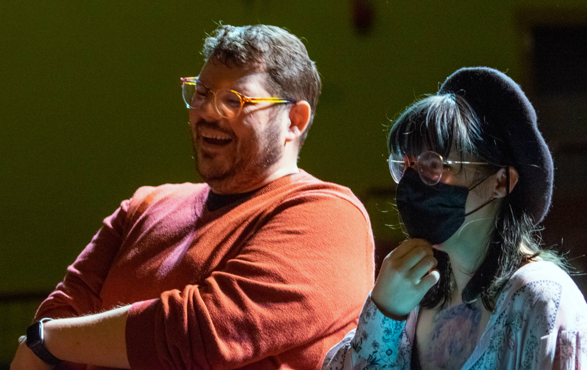 Director Kyle Lemaire and costume designer Krista Edge enjoy a laugh during the costume parade for Bingo the Winning Musical, scheduled to play at Olympia Theatre Arts beginning April 15. Sequim Gazette photo by Emily Matthiessen