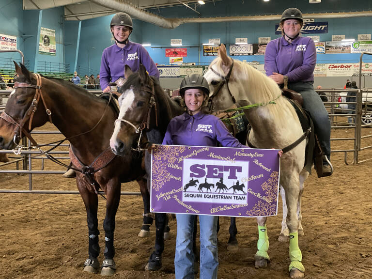 Sequim Equestrian Team members are all smiles after a successful third district meet in early April. Pictured, from left, are Libby Swanberg, Mia Kirner and Joanna Seelye. Submitted photo